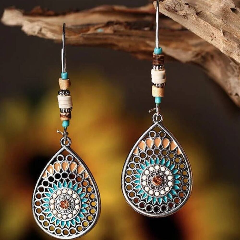 3/15 NWT Orange Crystal & Blue and yellow enameled Mandala Teardrop Earrings